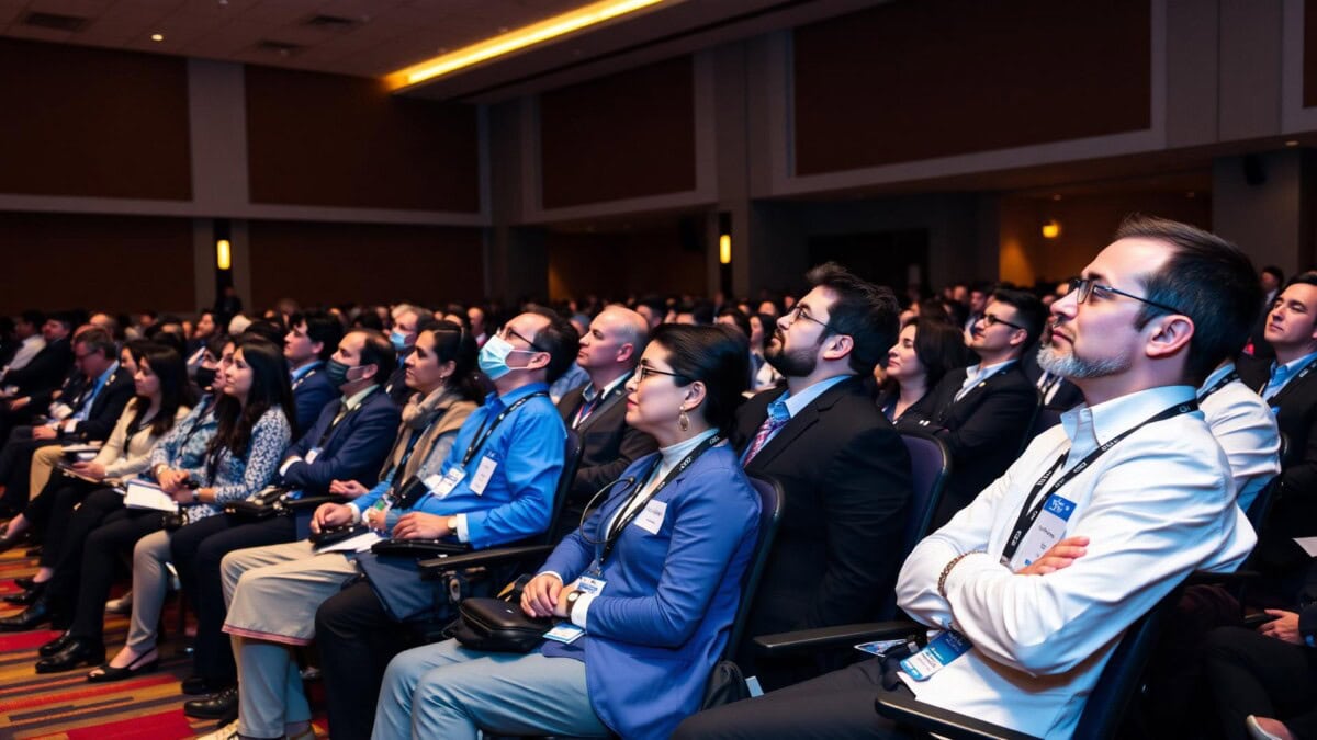 A large group of people sit attentively in rows at a conference or seminar, watching a presentation in a dimly lit room. Many wear business attire and conference badges.