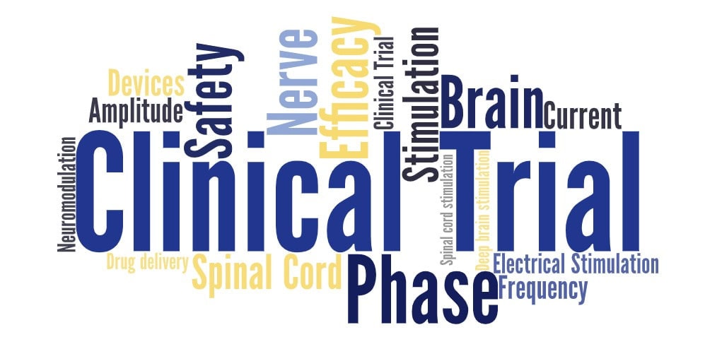 A word cloud featuring terms like Clinical Trial, Phase, Safety, Brain, Efficacy, Stimulation, Spinal Cord, Nerve, and Devices in blue and yellow text.