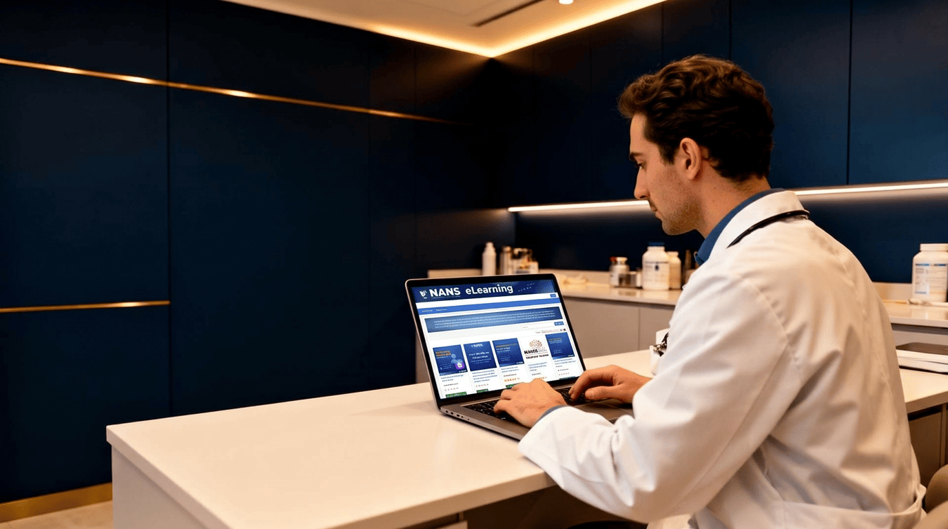 A doctor in a white coat sits at a desk in a modern office, using a laptop with a NANS eLearning page open on the screen. Shelves with medical supplies are visible in the background.