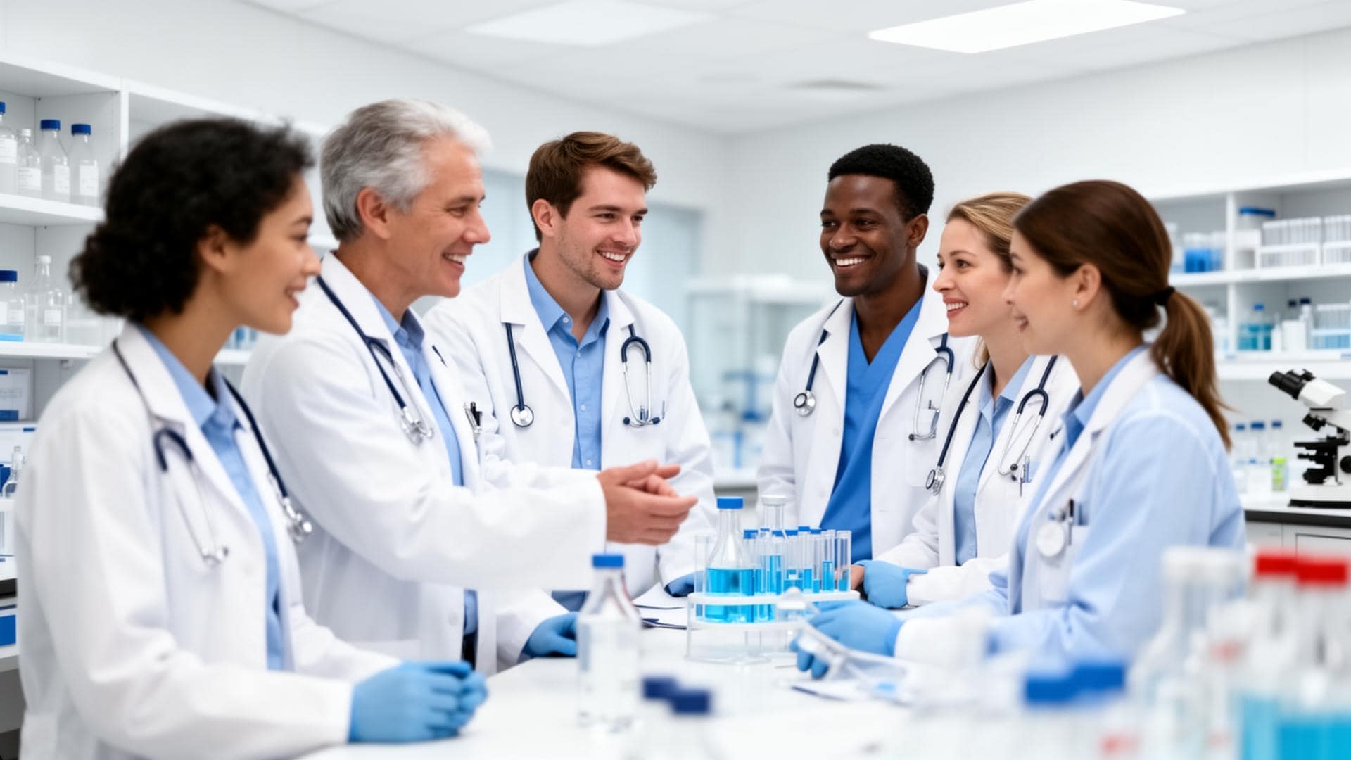 A diverse group of doctors and medical professionals in lab coats and scrubs smile and talk together in a modern laboratory with shelves of glassware and scientific equipment.