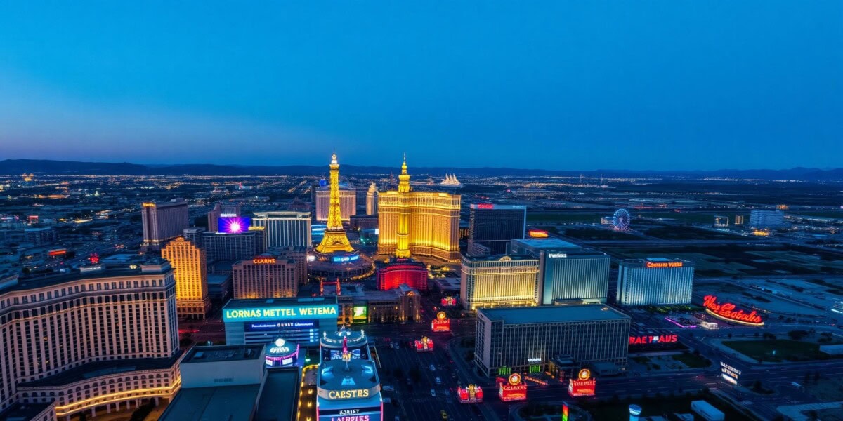 Aerial view of the Las Vegas Strip at dusk, with brightly lit hotels, casinos, and neon signs, set against the blue evening sky and distant mountains.