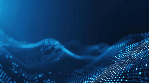 Abstract blue digital wave with glowing dots and lines on a dark background, resembling data flow or futuristic technology.