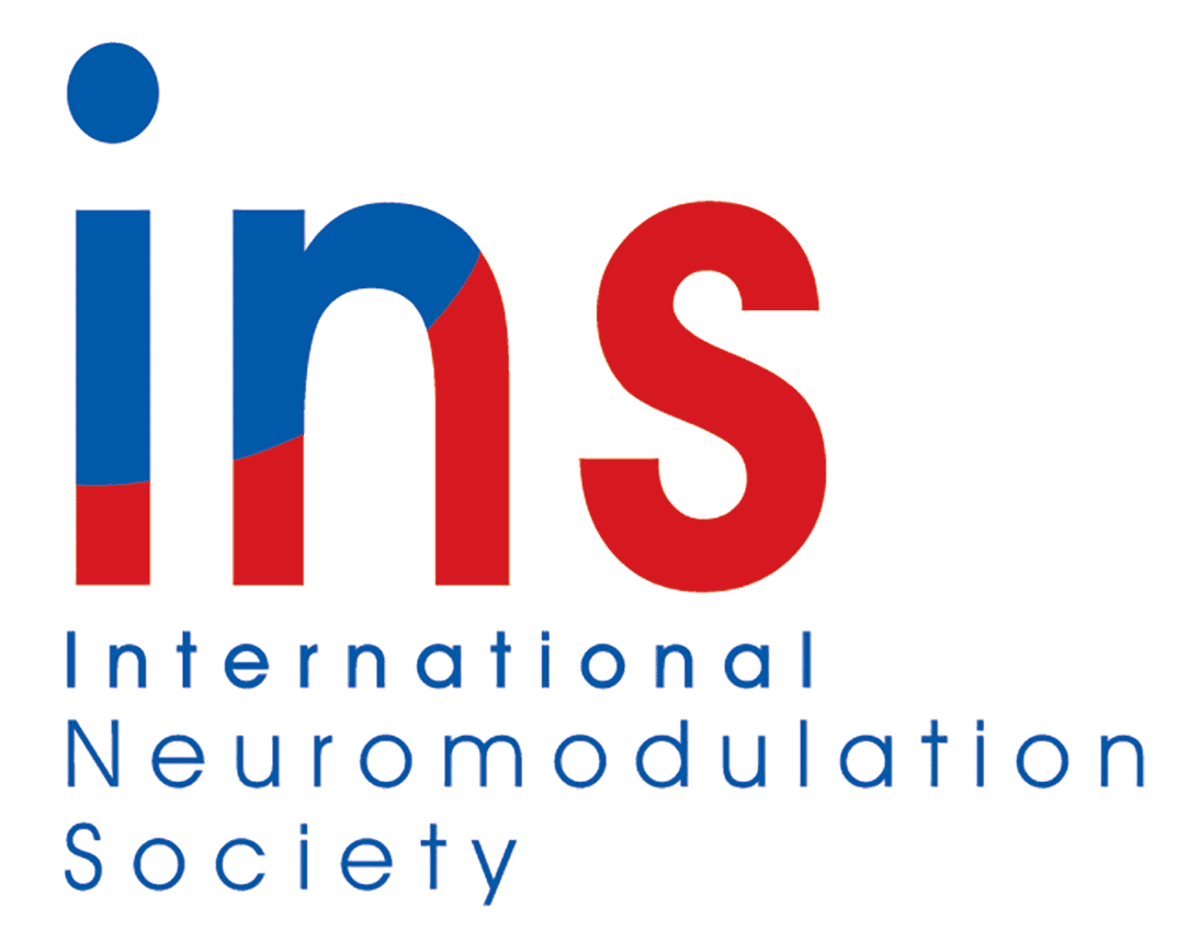 Logo for the International Neuromodulation Society, featuring large red and blue letters ins above the societys full name in blue text.