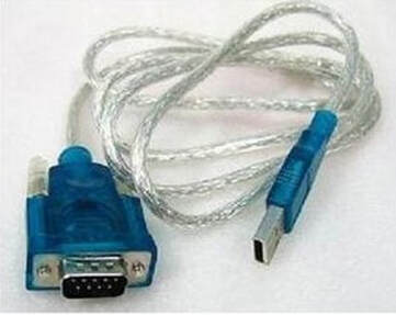 A USB to serial adapter cable with a blue casing, featuring a USB Type-A connector on one end and a 9-pin serial connector on the other, coiled on a white surface.