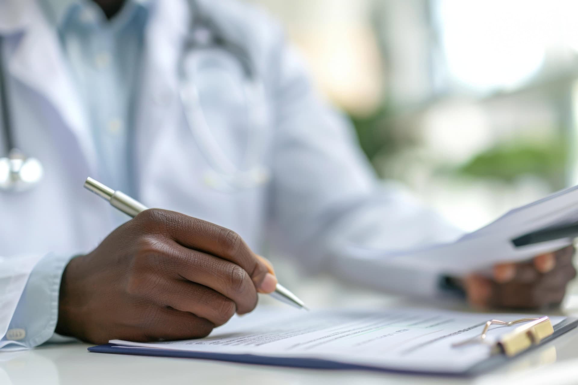 A person in a white medical coat writes on a clipboard with a pen, holding documents in the other hand. The face is not visible, and the background is softly blurred.