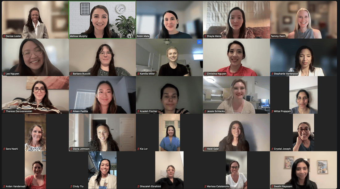 A Zoom video call screenshot with 25 women smiling, each in their own space, appearing in a grid layout. Some are in home settings, others in offices, with varied backgrounds and lighting.
